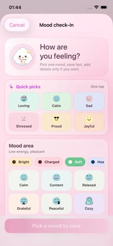 PikaMood mood check-in screen with feelings and intensity