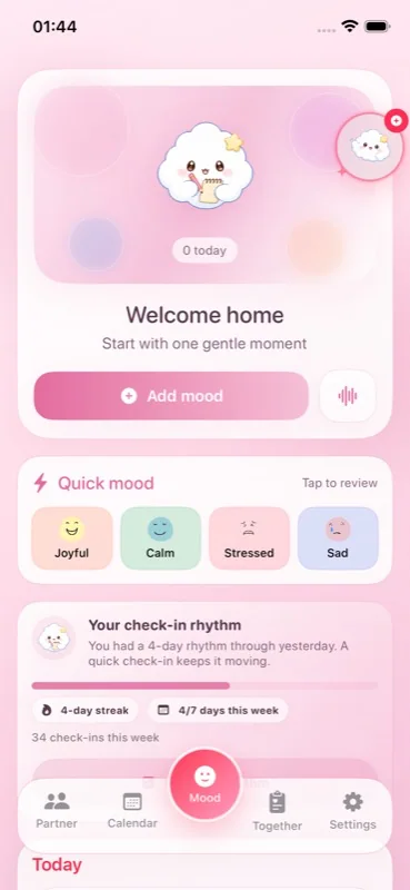 PikaMood home screen showing a gentle daily mood rhythm